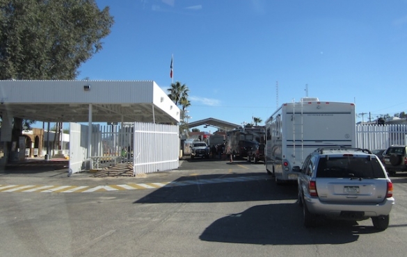 Motorhomes lined up at the border crossing.