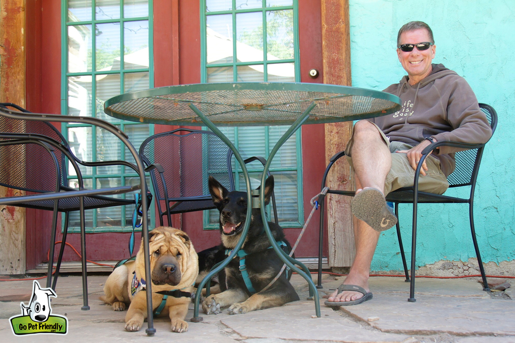 Man sitting at a table with two dogs laying underneath.