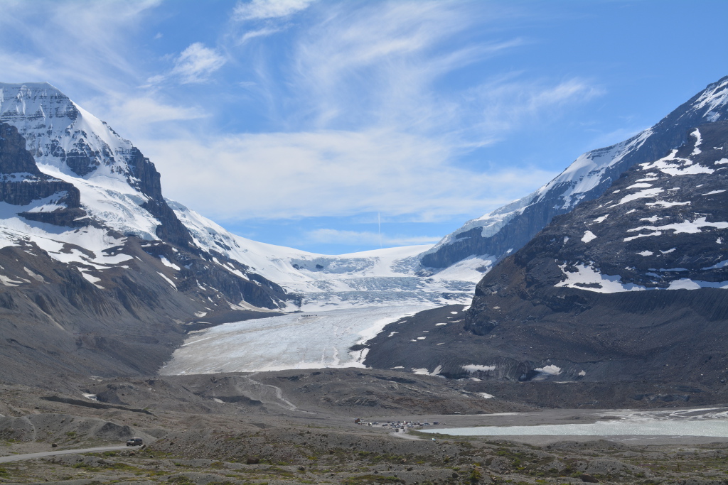 Athabasca Glacier tucked between the mountains.