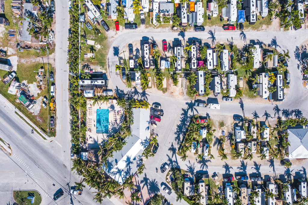 Overhead view of motorhomes parked at Boyds Key West Campground